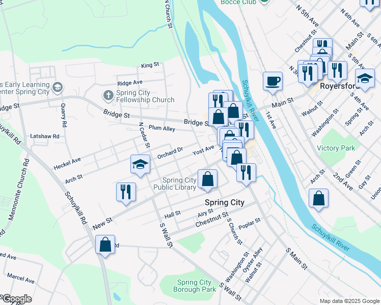 map of restaurants, bars, coffee shops, grocery stores, and more near 229 Yost Avenue in Spring City