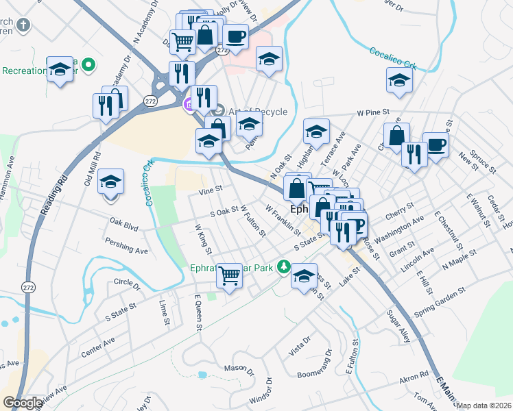map of restaurants, bars, coffee shops, grocery stores, and more near 21 South Oak Street in Ephrata