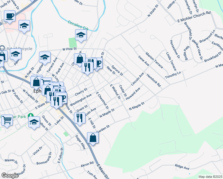 map of restaurants, bars, coffee shops, grocery stores, and more near 125 East Walnut Street in Ephrata