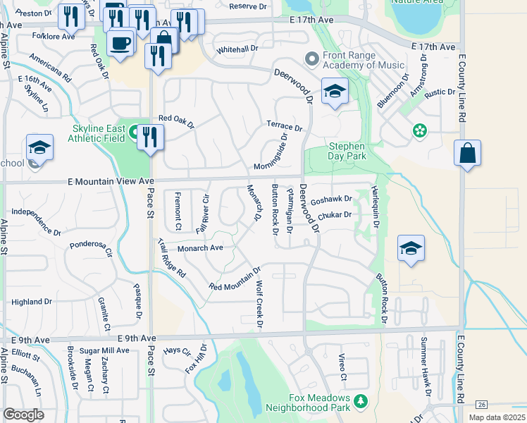 map of restaurants, bars, coffee shops, grocery stores, and more near 1254 Monarch Drive in Longmont