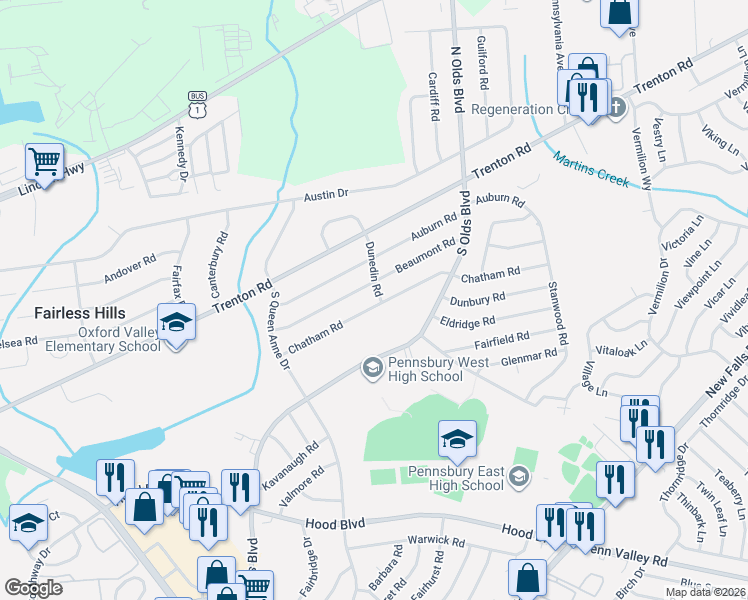 map of restaurants, bars, coffee shops, grocery stores, and more near 116 Dunedin Road in Fairless Hills