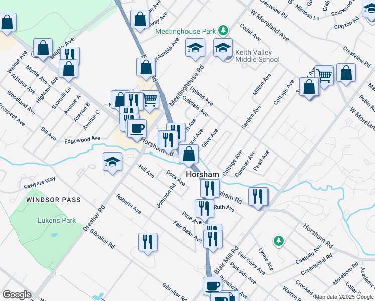 map of restaurants, bars, coffee shops, grocery stores, and more near 426 Easton Road in Horsham