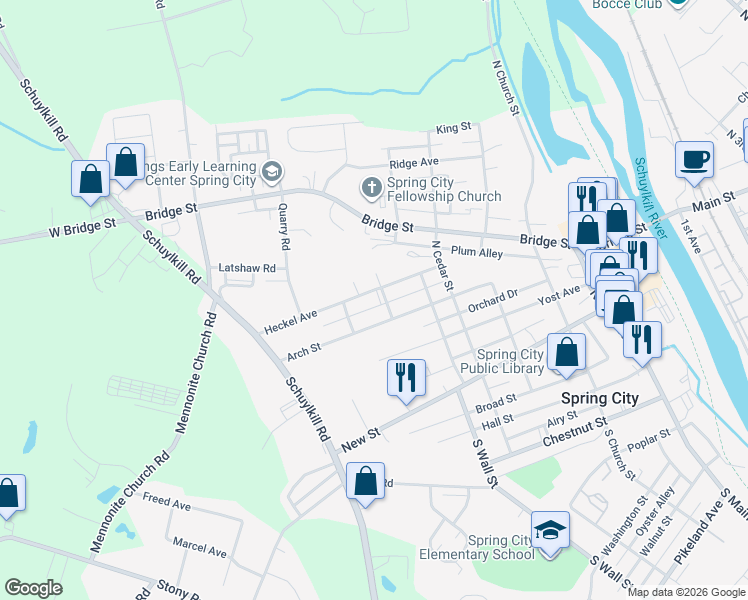 map of restaurants, bars, coffee shops, grocery stores, and more near 619 Heckel Avenue in Spring City