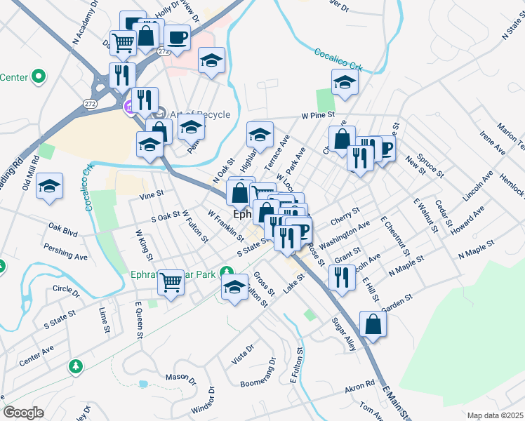 map of restaurants, bars, coffee shops, grocery stores, and more near 40 North Church Street in Ephrata