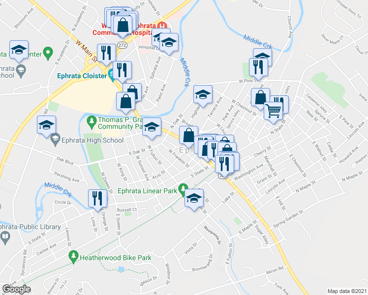 map of restaurants, bars, coffee shops, grocery stores, and more near 226 West Main Street in Ephrata