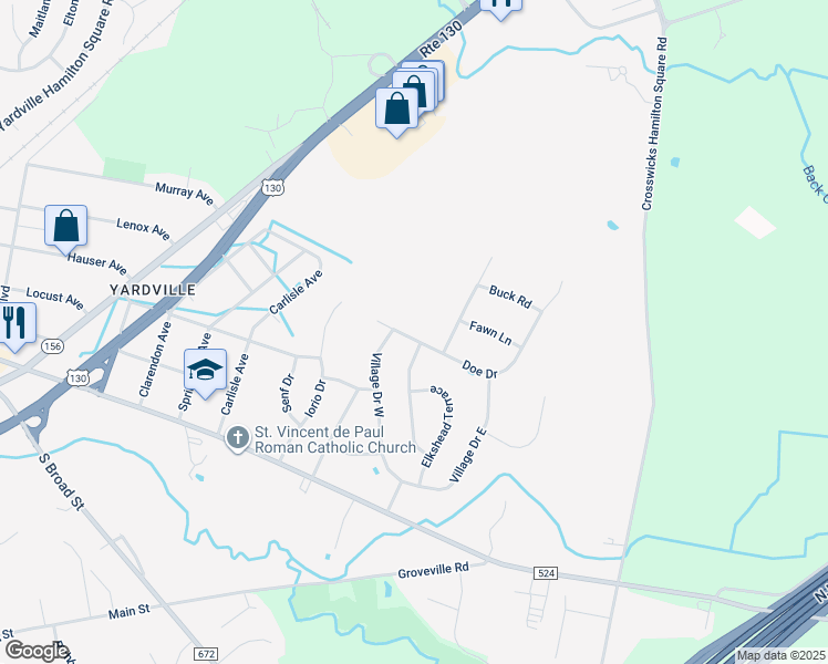 map of restaurants, bars, coffee shops, grocery stores, and more near 40 Doe Drive in Hamilton Township