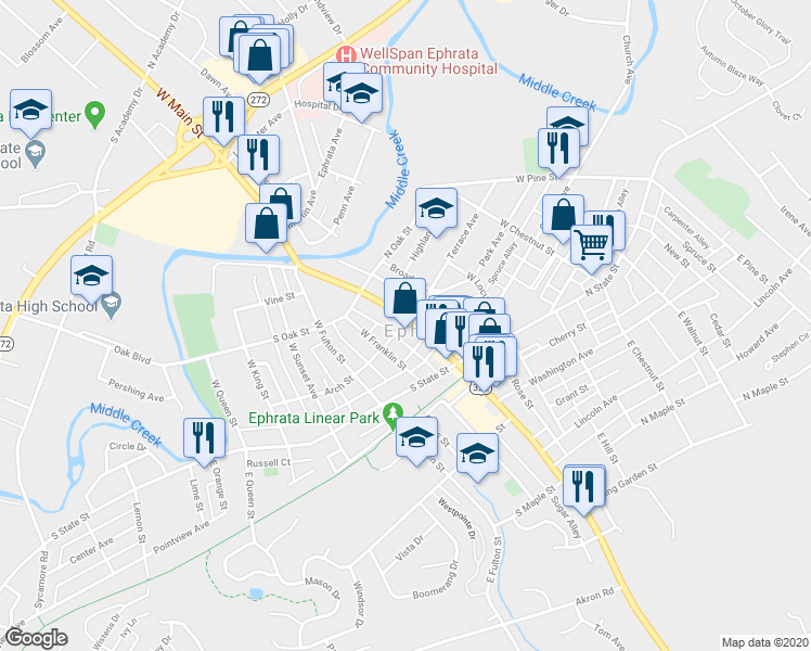 map of restaurants, bars, coffee shops, grocery stores, and more near 120 West Main Street in Ephrata