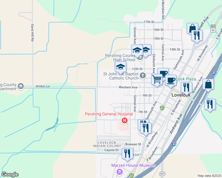 map of restaurants, bars, coffee shops, grocery stores, and more near 835 Western Avenue in Lovelock