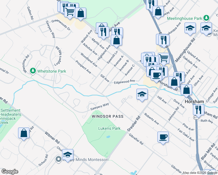 map of restaurants, bars, coffee shops, grocery stores, and more near 448 Avenue B in Horsham
