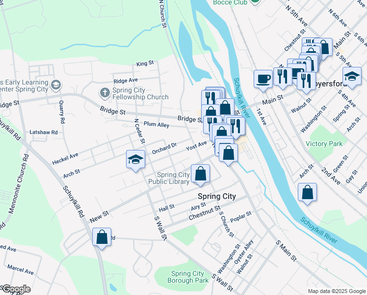 map of restaurants, bars, coffee shops, grocery stores, and more near 229 Yost Avenue in Spring City