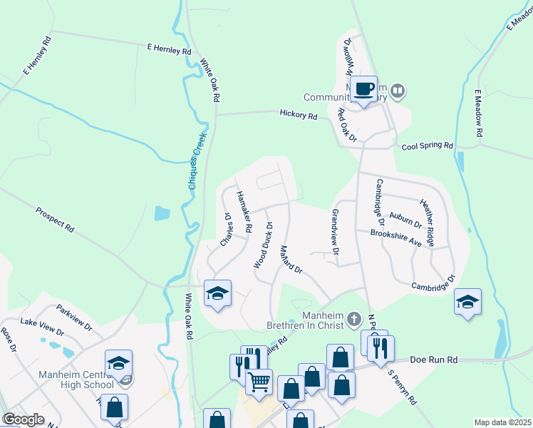 map of restaurants, bars, coffee shops, grocery stores, and more near 599 Wood Duck Drive in Manheim