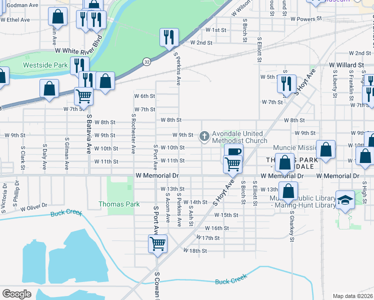 map of restaurants, bars, coffee shops, grocery stores, and more near 1422 West 10th Street in Muncie