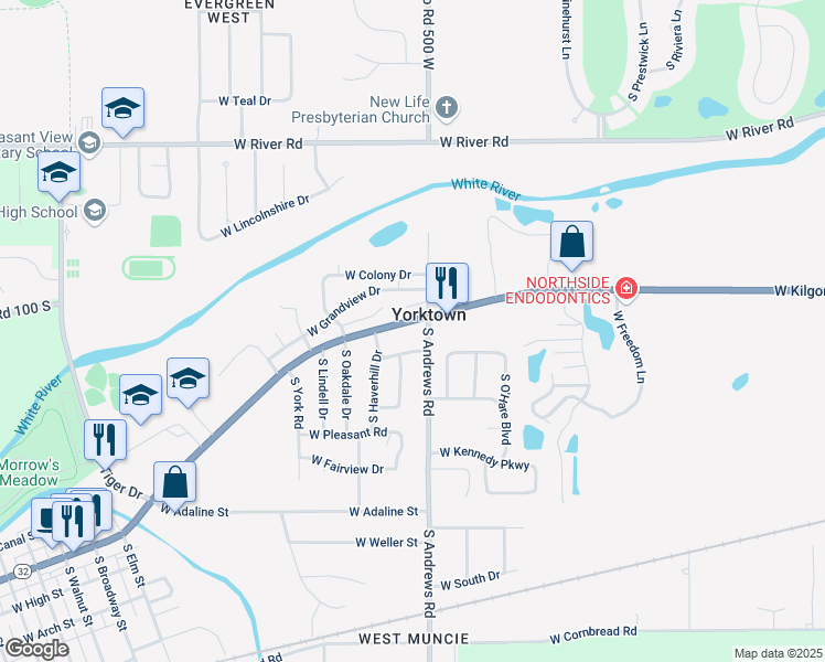 map of restaurants, bars, coffee shops, grocery stores, and more near 8200 West Smith Street in Yorktown