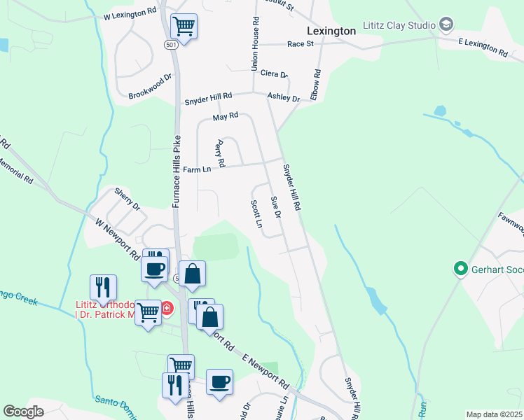 map of restaurants, bars, coffee shops, grocery stores, and more near 802 Sue Drive in Lititz