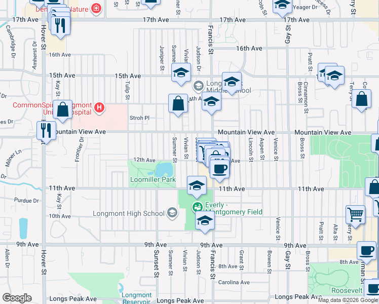 map of restaurants, bars, coffee shops, grocery stores, and more near 1214 Vivian Street in Longmont