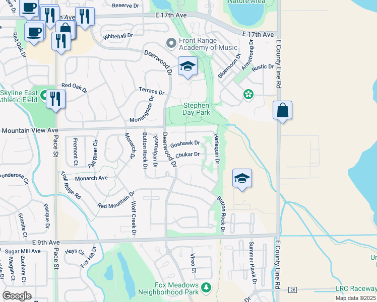 map of restaurants, bars, coffee shops, grocery stores, and more near 1529 Goshawk Drive in Longmont