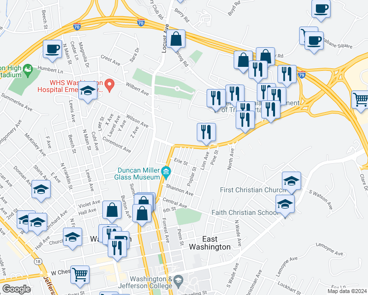 map of restaurants, bars, coffee shops, grocery stores, and more near 36 Murtland Avenue in Washington
