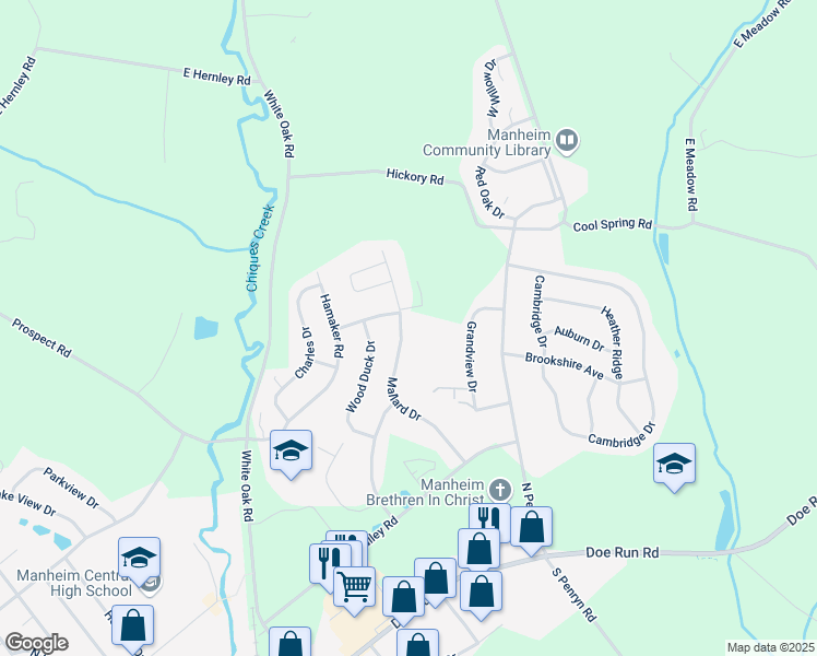 map of restaurants, bars, coffee shops, grocery stores, and more near 633 Mallard Drive in Manheim
