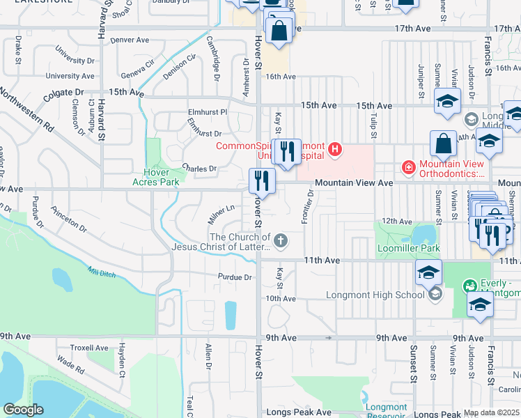 map of restaurants, bars, coffee shops, grocery stores, and more near 1234 Hover Street in Longmont