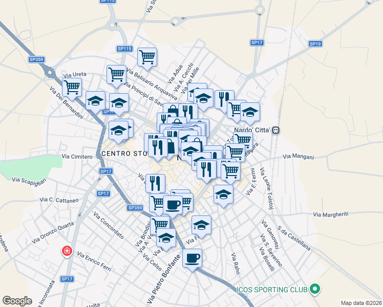 map of restaurants, bars, coffee shops, grocery stores, and more near in Nardò