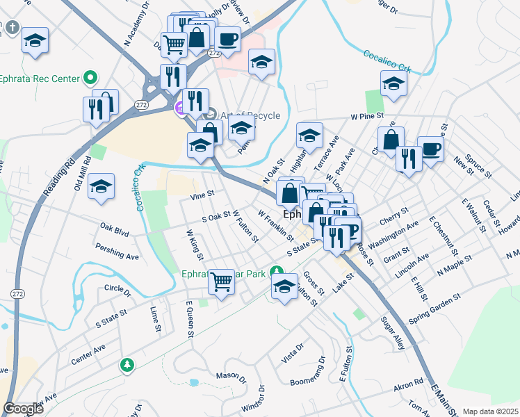 map of restaurants, bars, coffee shops, grocery stores, and more near 235 West Franklin Street in Ephrata