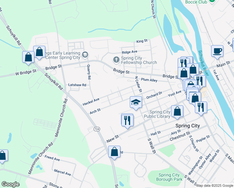 map of restaurants, bars, coffee shops, grocery stores, and more near 608 Heckel Avenue in Spring City