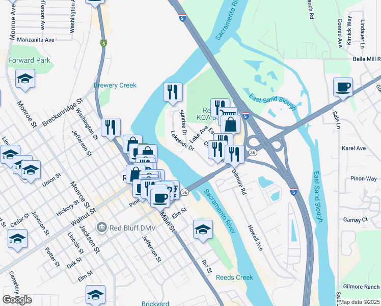 map of restaurants, bars, coffee shops, grocery stores, and more near 825 Lakeside Drive in Red Bluff