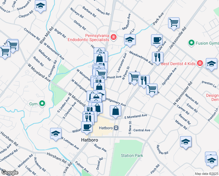 map of restaurants, bars, coffee shops, grocery stores, and more near 216 Lancaster Avenue in Hatboro