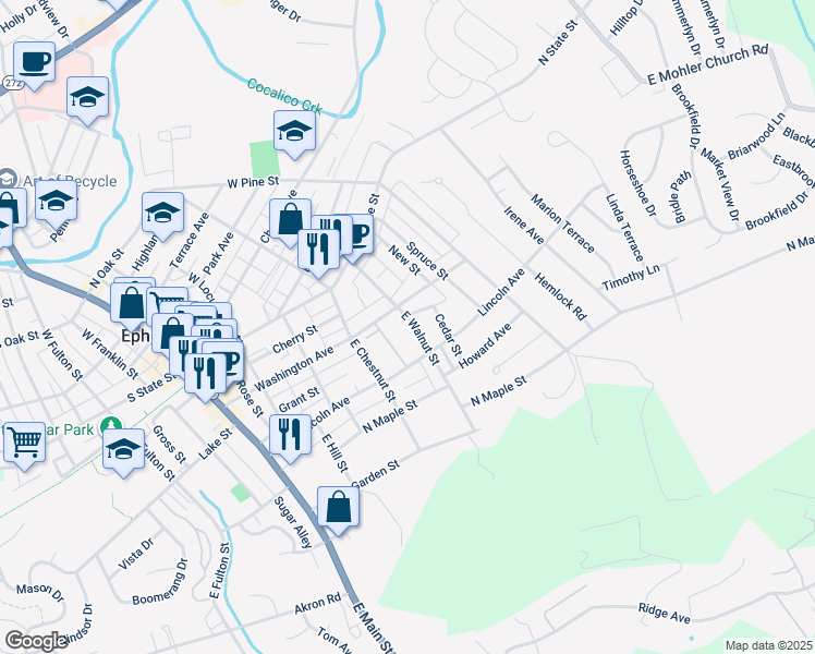 map of restaurants, bars, coffee shops, grocery stores, and more near 123 East Walnut Street in Ephrata