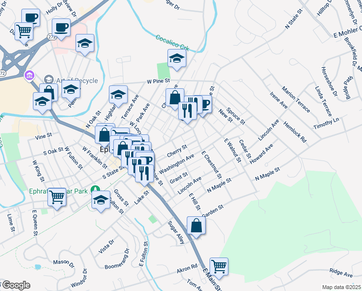 map of restaurants, bars, coffee shops, grocery stores, and more near 215 North State Street in Ephrata