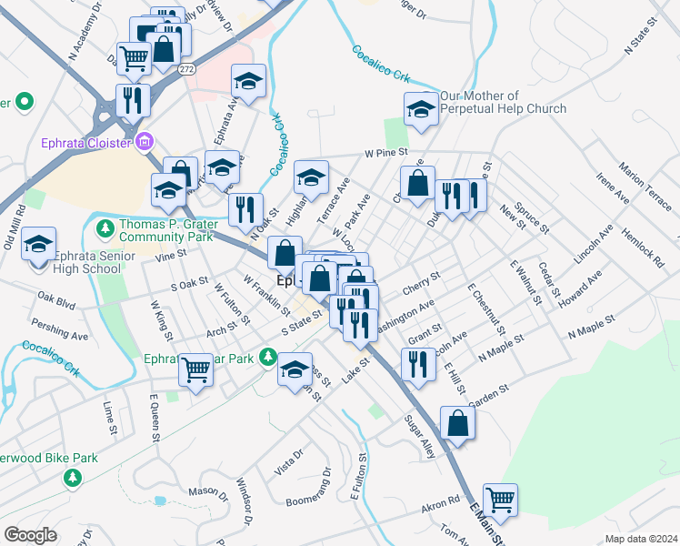 map of restaurants, bars, coffee shops, grocery stores, and more near 40 North Church Street in Ephrata