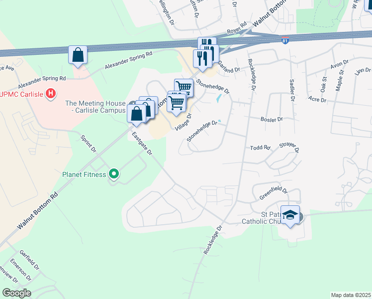 map of restaurants, bars, coffee shops, grocery stores, and more near 211 Stonehedge Drive in Carlisle