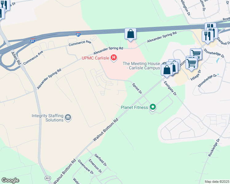 map of restaurants, bars, coffee shops, grocery stores, and more near Sprint Drive in Carlisle