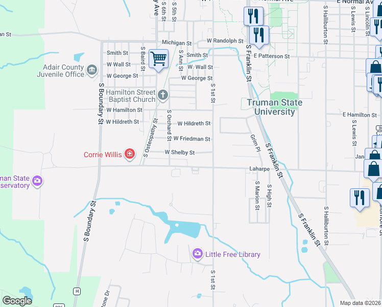 map of restaurants, bars, coffee shops, grocery stores, and more near 798 West Shelby Street in Kirksville