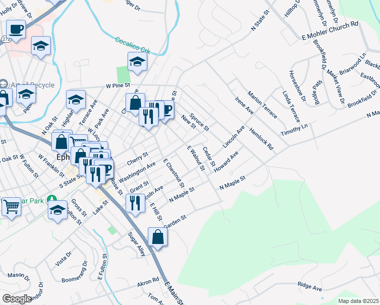 map of restaurants, bars, coffee shops, grocery stores, and more near 123 East Walnut Street in Ephrata