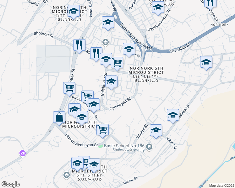 map of restaurants, bars, coffee shops, grocery stores, and more near 22 Galshoyan Street in Yerevan