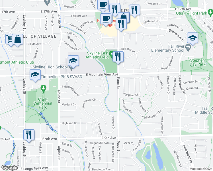 map of restaurants, bars, coffee shops, grocery stores, and more near 821 Independence Drive in Longmont