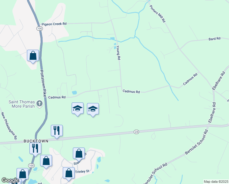 map of restaurants, bars, coffee shops, grocery stores, and more near 2091 Young Road in Pottstown