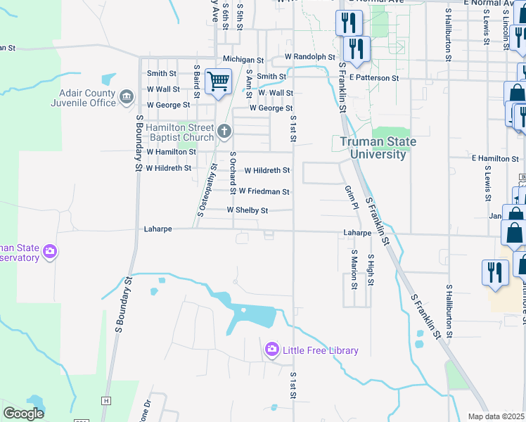 map of restaurants, bars, coffee shops, grocery stores, and more near 605 West Shelby Street in Kirksville