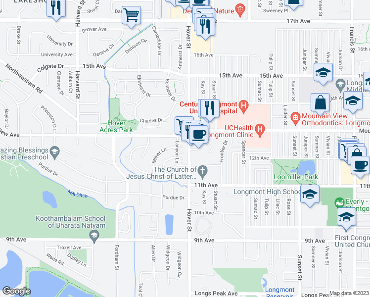 map of restaurants, bars, coffee shops, grocery stores, and more near 1242 Lanyon Lane in Longmont