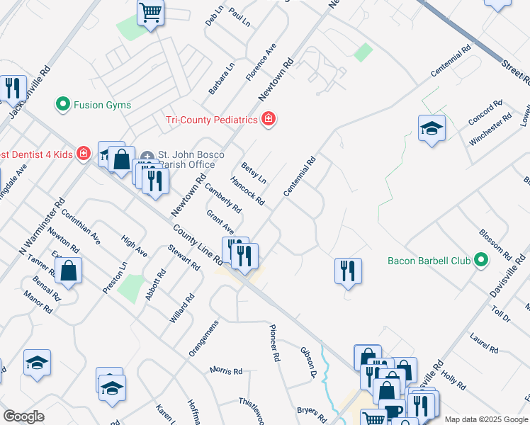 map of restaurants, bars, coffee shops, grocery stores, and more near 428 Hancock Road in Warminster