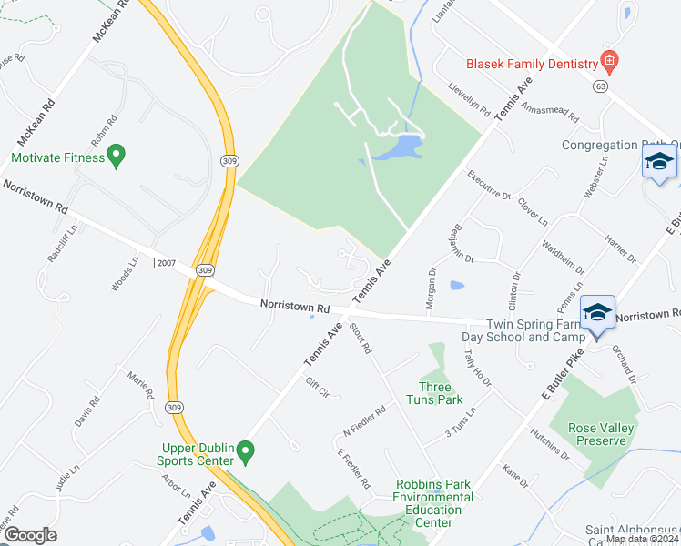 map of restaurants, bars, coffee shops, grocery stores, and more near 301 Norristown Road in Ambler