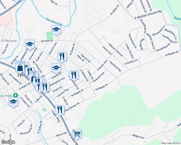 map of restaurants, bars, coffee shops, grocery stores, and more near 142 Cedar Street in Ephrata