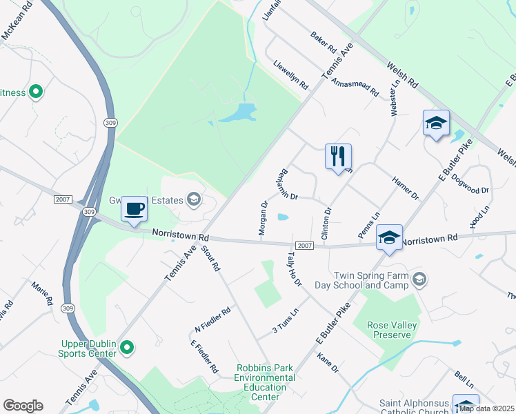 map of restaurants, bars, coffee shops, grocery stores, and more near 1619 Morgan Drive in Ambler