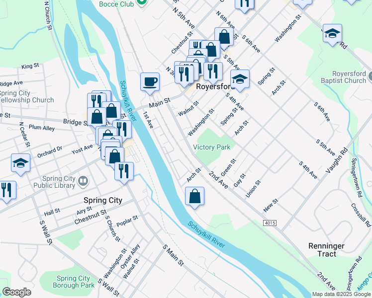 map of restaurants, bars, coffee shops, grocery stores, and more near 227 2nd Avenue in Royersford