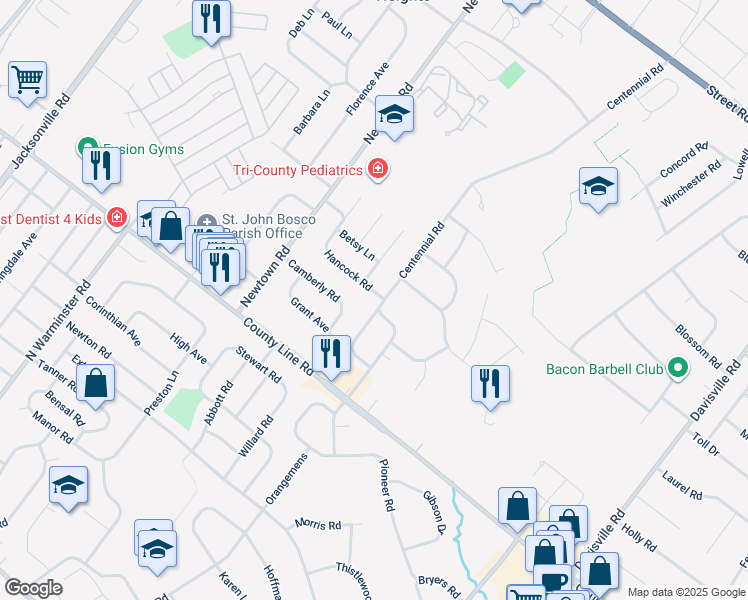 map of restaurants, bars, coffee shops, grocery stores, and more near 428 Hancock Road in Warminster