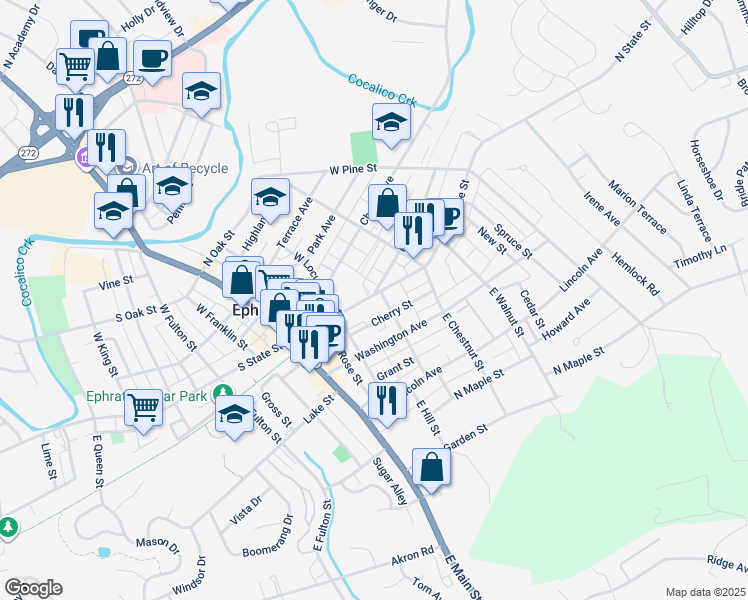map of restaurants, bars, coffee shops, grocery stores, and more near 145 North State Street in Ephrata