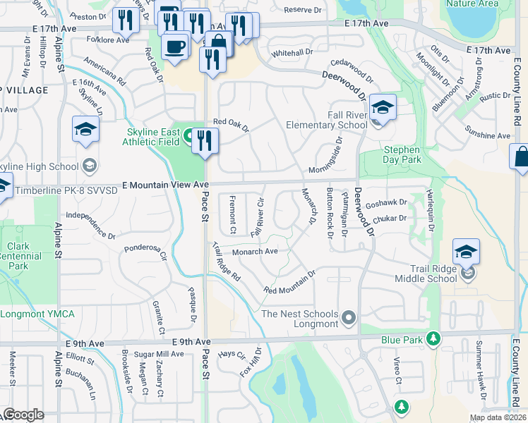 map of restaurants, bars, coffee shops, grocery stores, and more near 1269 Fall River Circle in Longmont
