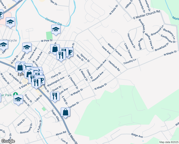 map of restaurants, bars, coffee shops, grocery stores, and more near 142 Cedar Street in Ephrata