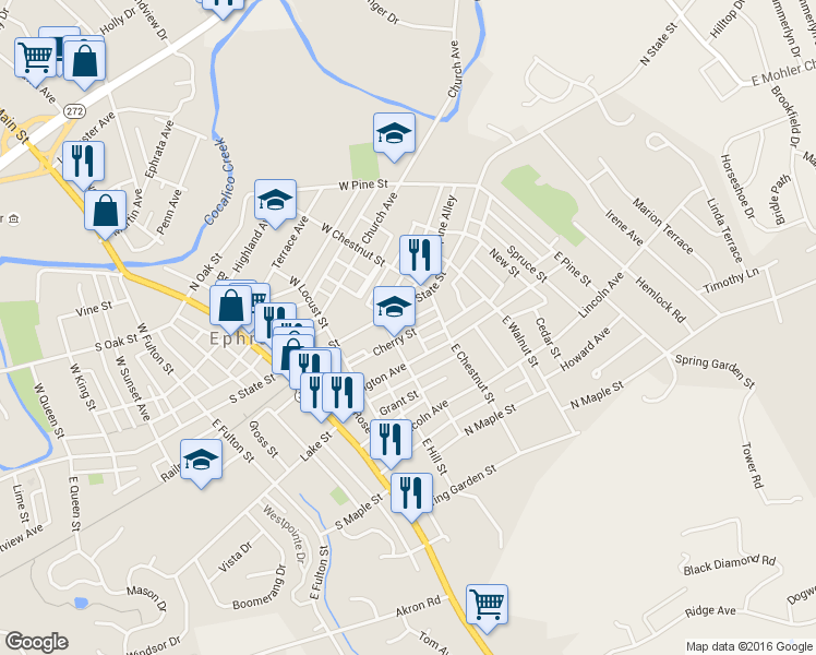 map of restaurants, bars, coffee shops, grocery stores, and more near 222 Cherry Street in Ephrata